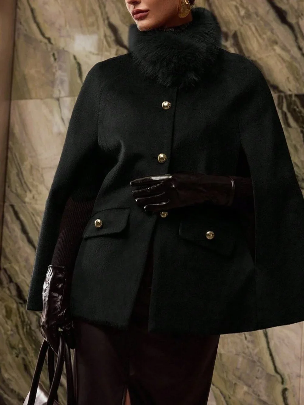 Black Elegant Women's Fuzzy Collar Cape Overcoat
